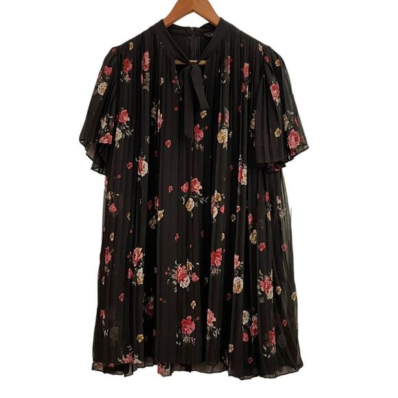 Zara Black Floral Relaxed Pleated Over Dress Romper with Bow Tie Front Detail S - Picture 2 of 7